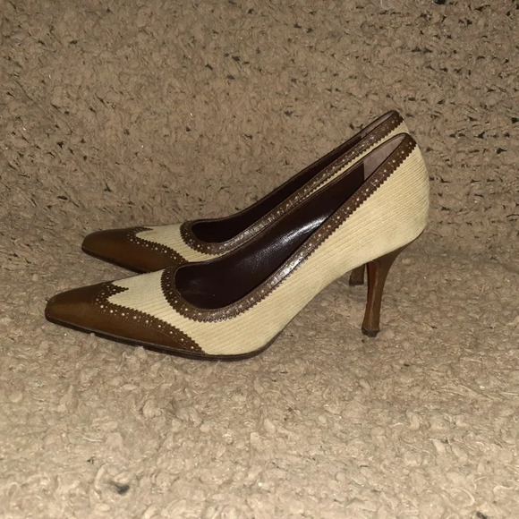 LAMBERTSON TRUEX-Brown Leather-Beige Suede-Snip Toe Brogue Pump-Sz37.5-Excellent - Picture 2 of 7